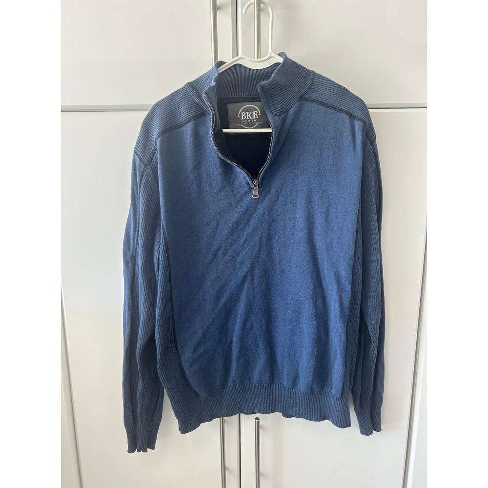 BKE Athletic Fit Mens Large Blue Quarter Zip Pullover Sweater Mock Neck Knit Top